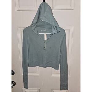 Aeropostale Teal Button Down Henley Long Sleeve Crop Top w/ Hood size L- NWT